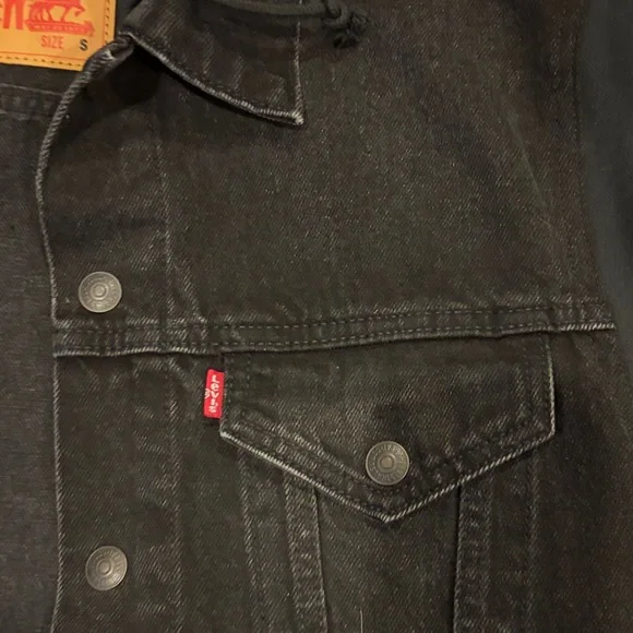 Levi's Black Hooded Denim Jacket with Knit Sleeves - Picture 2 of 3